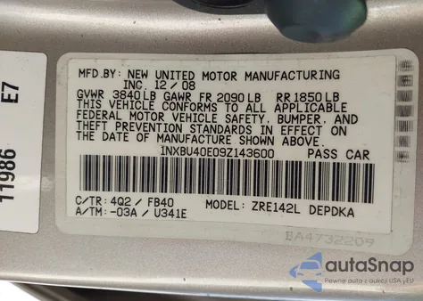 2009 Toyota Corolla Le from USA, damaged, VIN 1NXBU40E09Z143600